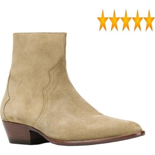 Top High Winter Block Mens Med Heels Chelsea Genuine Cow Suede Leather Pointed Toe Work Safety Shoes Man Biker Ankle Boots