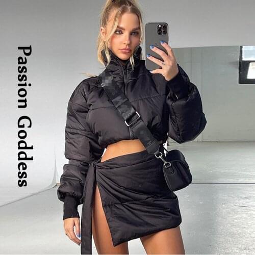 Y2k Women 2 Piece Puffer Jacket Skirt Sets Crop Parkas Down Bubble Coats Bandage Puffer Split Mini Skirts Warm Two Piece Outfits