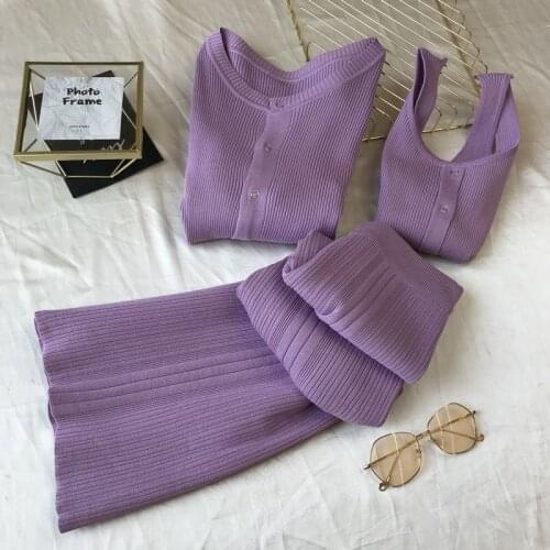 Women Knitting Three Piece Sets Vest O-Neck Single Breasted Outerwear Elastic Waist Wide Leg Pants Korean Ladies Outfits