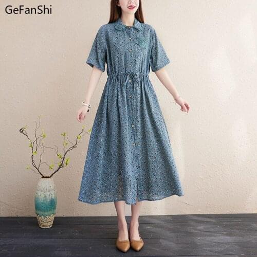 Fashion Print Women Summer Blouse Dress 2021 Casual Loose Short Sleeve Drawstring Cotton Linen Elegant Lady Dresses Vestidos
