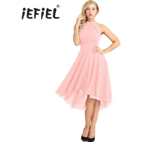 IEFiEL Women Ladies Halter Neck Sleeveless High-low Chiffon Elegant Dresses Vestido de festa Evening Party Prom Gown Dresses