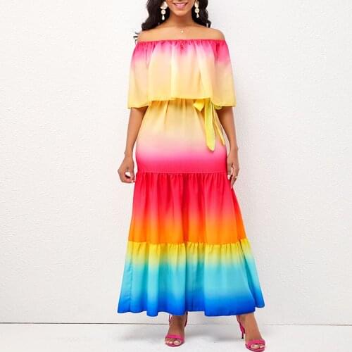 MISSJOY Women Fashion Off Shoulder Tube Top Wear a Belt Tie Dye Elegant High Waist Swing Ruffle Party Chiffon Maxi Dress