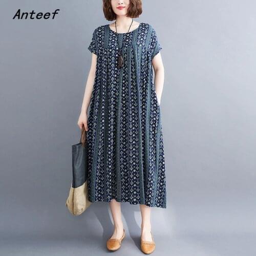 Short sleeve cotton vintage floral dresses for women casual loose long woman summer dress elegant clothes 2021