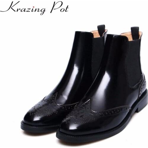 Krazing Pot 2019 cow leather low heels gladiator round toe Hollywood British school Chelsea boots plus size streetwear boots L82