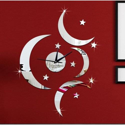 Diy decorative Moon shape mirror wall clock stickers for bedroom living room deco 3d stereoscopic wall stickers reloj de pared