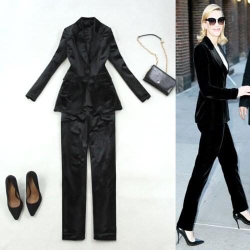Professional pants suit female 2019 autumn and winter new black one button suit jacket + small straight pants velvet thick suit