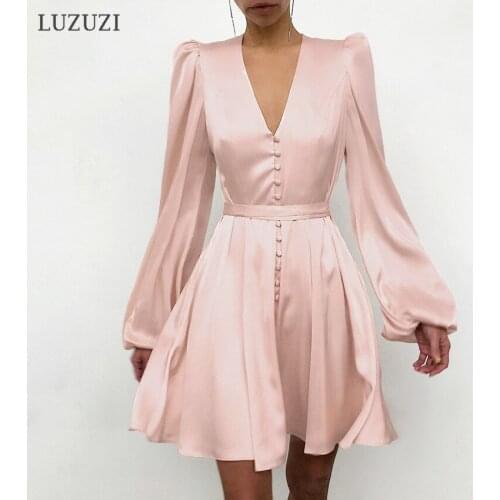 LUZUZI Spring Vintage Satin Long Sleeve Woman Dress 2021 Elegant Button A-Line Mini Dress V-Neck Summer Dress Party Vestido