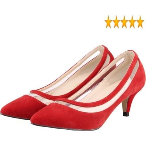 Low Faux Suede New Arrival Heel Red For Wedding Sexy Ladies Pointed Toe Office Classic Model Dress Shoes