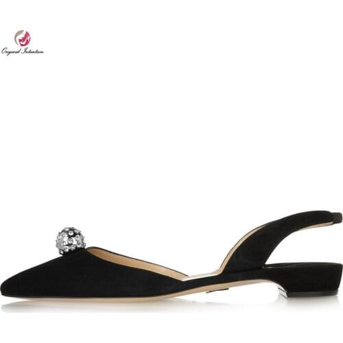 Original Intention Elegant Women Pumps Rhinestone Square Heels Pumps Nubuck Leather Popular Black Shoes Woman Plus US Size 4-13