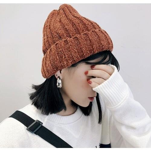 Autumn Winter Women Solid Warm Knit Elastic Chenille Thicken Hats Fashion Caps Lovers Hooded Street Skullies Hat Caps