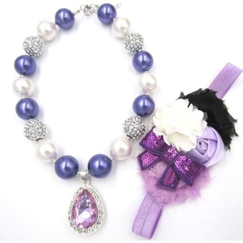 Infant Baby Girls Birthday Gift Soifa Tears Amulet Necklace 20mm Chunky Pearl Beaded Bubblegum Necklace Bow Headband Jewelry Set