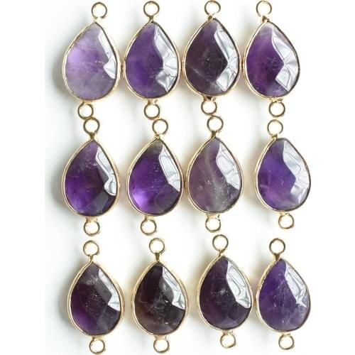 Natural amethysts stone section drop shape gold color Connector pendants for bracelets making wholesale 12pcs/lot free shipping