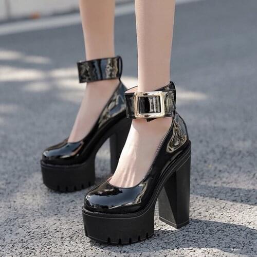 PXELENA 2021 Punk Rock Goth Pumps Women Chunky Block High Heels Ankle Strap Shoes Patent Leather Buckle Party Nightclub Catwalk