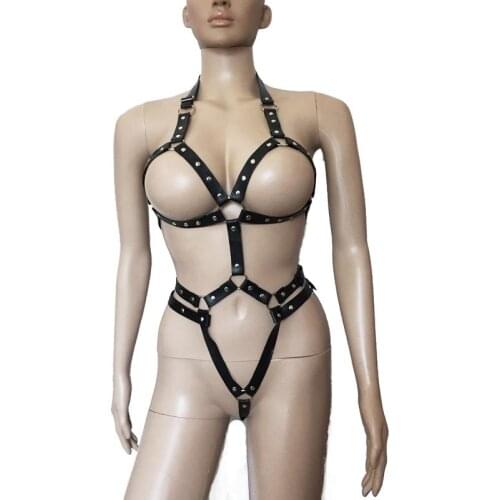 Sexy Womens Halter Faux Leather Strappy Studded Body Harness Open Cup Fetish Bodysuit Fetish Role Play Restraint Costume