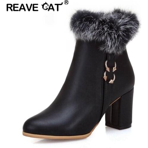REAVE CAT Shoes women Ankle boots High heels Fur Zipper Buckle High quality Cool Pointed toe Spring Autumn Fashion Female S2414