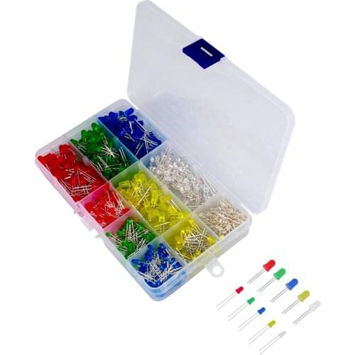 500pcs Light-emitting diode Suit Diffused Clear Round White Red Blue Yellow Green LED Light Kid Portable Box
