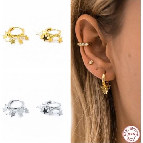GS 925 Sterling Silver Gold Five Pendants Star Charm Hoop Earrings For Women Fashion Huggie Earrings Party Fine Jewelry Gift