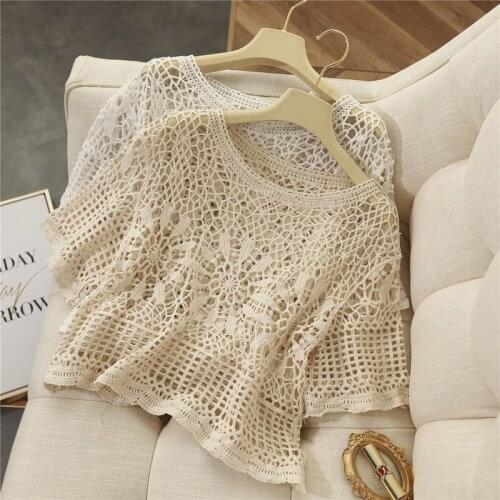 Hollow Knitted Women T-Shirts Summer New 2021 Loose Short Empired Female Pulls Tops Tees