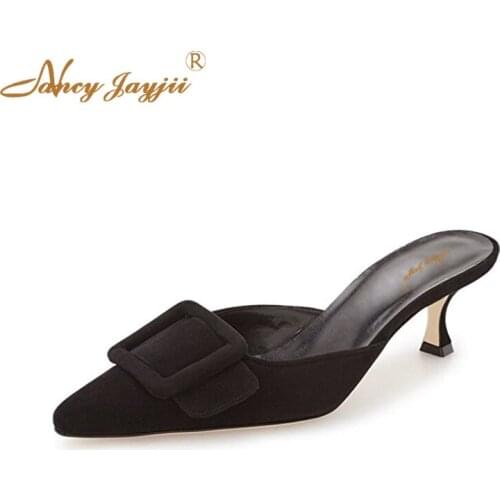 Summer 2021 Casual Outdoor Black Soft Suede Women Mule Pointed Toe Sandals Suede Slip On Low Kitten Heel Buckle Slide Shoes Red