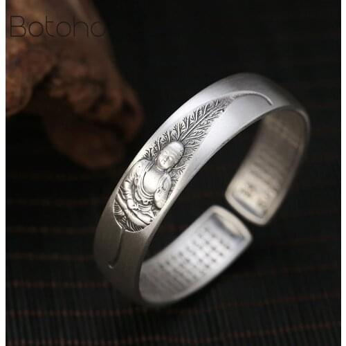 Handmade 100% 999 Silver Cuff Bracelet Tibetan Buddha Bangle Buddhist Heart Sutra Good Luck Cuff Bracelet Thai Silver