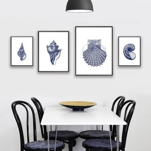 Hampton Style Wall Art Prints Posters Coastal Sea Shell Canvas Painting Picture Vintage Illustration Navy Indigo Blue Decoration