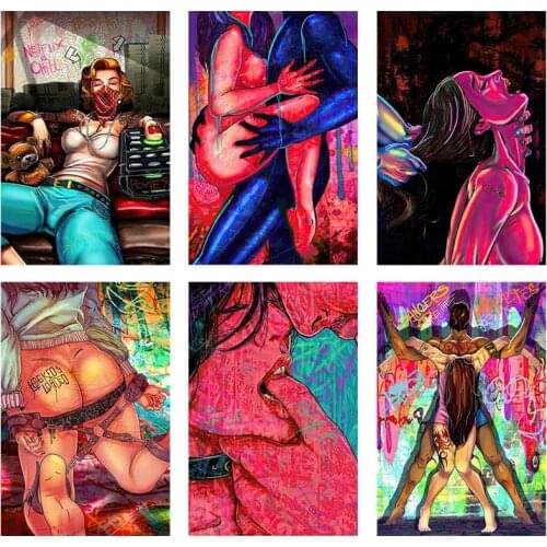 Woman graffiti art sexy canvas painting, lovers wall art posters and pictures decorate the living room bedroom frameless