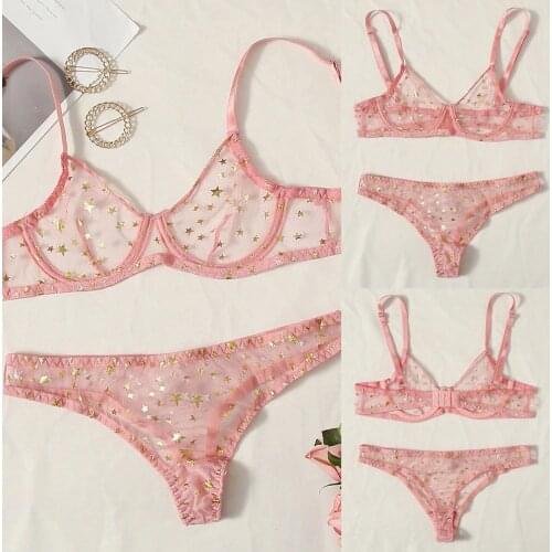 Erotic Lingerie Sets Bra Pink Stars Printing Lace Sexy Sleeveless+Thong Briefs Underwear Sleepwear Women Bielizna Damska