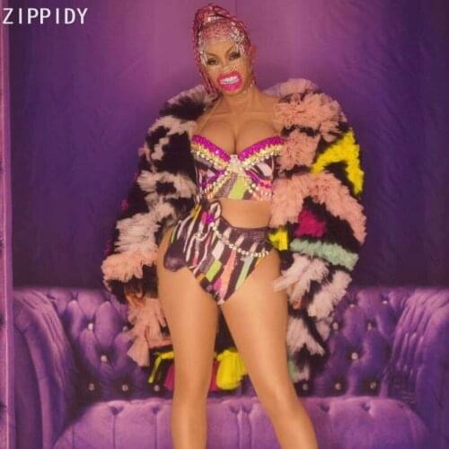 Colorful Mesh Jacket Glass Stones Graffiti Bra Short Birthday Prom Party Outfit Set Evening Women Singer Stage Wear