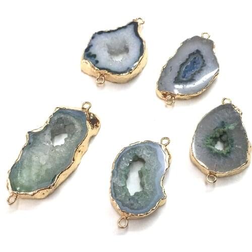 Natural Stone slice Agates Pendants irregular shape Double hole connector for Jewelry Making DIY Necklace Bracelet Accessories
