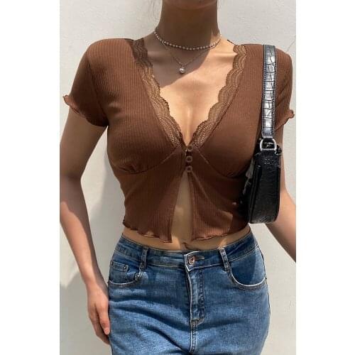 Fashion Slit Hem Long Sleeve Brown T-shirts Vintage 90s Aesthetics Top E-girl Sweet Deep Y2K V-neck Lace Trim Crop Tops