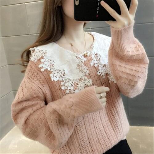 Fashion 2021 new autumn sweater female Korean version loose autumn winter outer wear lace doll collar knit pullover top