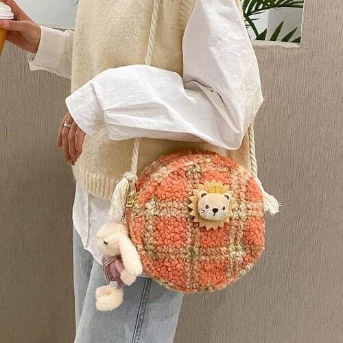 2021 Plush Women Bags New Crossbody Bag Cute Girl Heart Lamb Hair Small Round Purse
