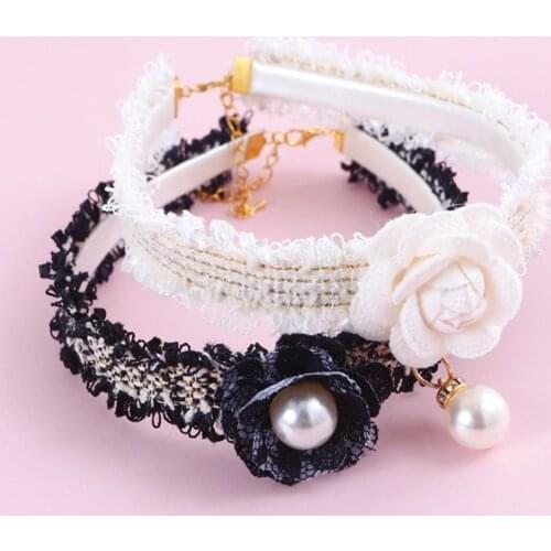Handmade Pet Cat Collar Pearl Camellia Flower Collar Necklace Jewelry for Small Doggie Pets Puppies Chihuahua Yorkie Costume