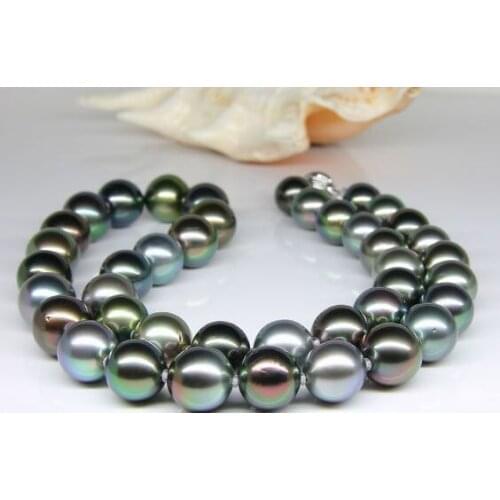 925 silver real natural big huge18"12-13mm real genuine black Tahitian peacock green multic round pearl necklace (09.08)