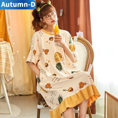 Autumn-D Women Pajamas Summer Cotton Cartoon Pineapple Design Short Sleeve Dress Cute Home Clothes Free Shipping Sleepwear