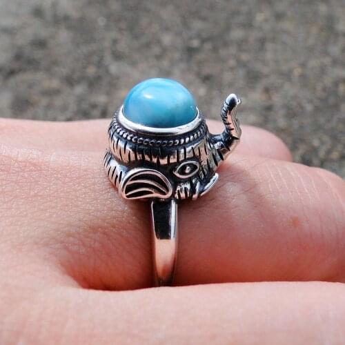 Engagement Wedding Silver Ring 8mm Dominica Natural Larimar Elephant Ring in 925 Sterling Silver Jewelry For Gift