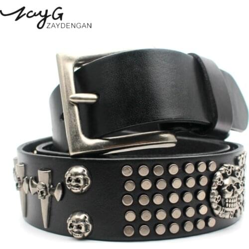 ZAYG Fashion Hip-hop Punk Neutral Luxurious Rivet Belts Skull Pin Buckles High Quality Leather Belts Men and Women Gothic Belt