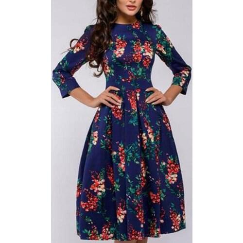 Christmas Women Long Sleeved Floral Print Bodycon Dresses Ladies Retro Tunic Vintage Party Dress Female