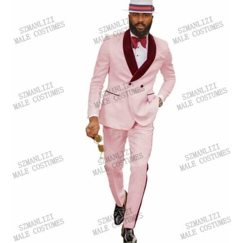 Pink Jacquard Double Breasted Wedding Tuxedos Slim Fit Groom Suits Custom Made Groomsmen Dinner Prom Party Suits (Jacket+Pants)