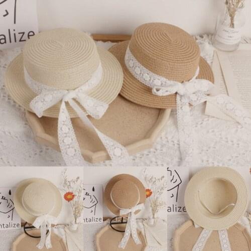 Toddler Kids Baby Summer Woven Straw Sun Hat with Lace Ribbon Bow Floppy Wide Brim Sunscreen Beach Cap with Chin Strap