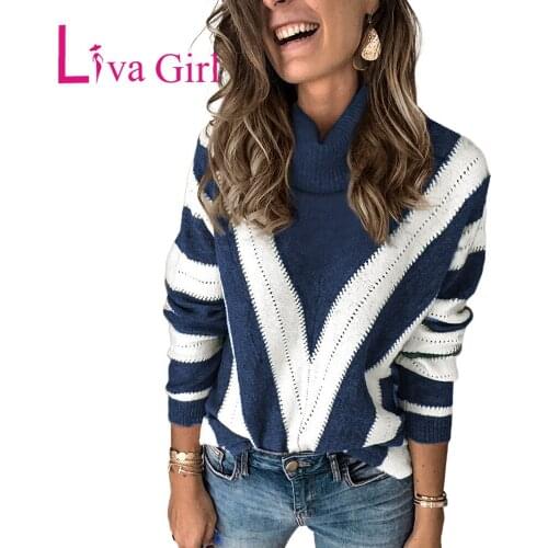LIVA GIRL Striped Color Block Turtleneck Knitted Sweater Woman Winter Warm Long Sleeve Pullovers Female Casual Loose Clothes 2XL