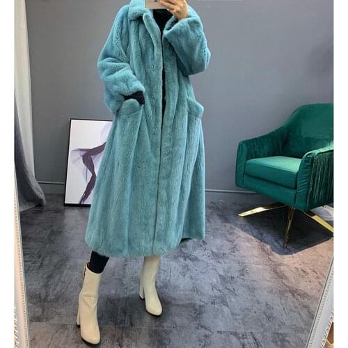 2019 Womens New Real Mink Fur Coat Womens Winter Long Warm Jacket Womens Small Turndown Collar Blue Mink Fur Coat