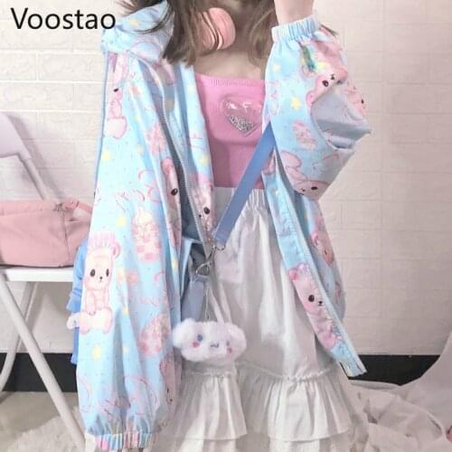 Spring Sweet Lolita Style Thin Hoodies Girls Loose Cute Cartoon Baby Bear Print Zipper Hooded Sweatshirt Women Kawaii Outerwear