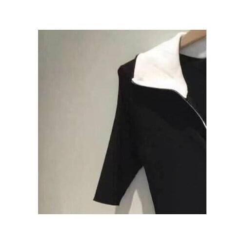 Women Black Knit Dress 2021 New Zipper Turn-down Collar Short Sleeve Slim Patchwork Female Slim Mini Dresses