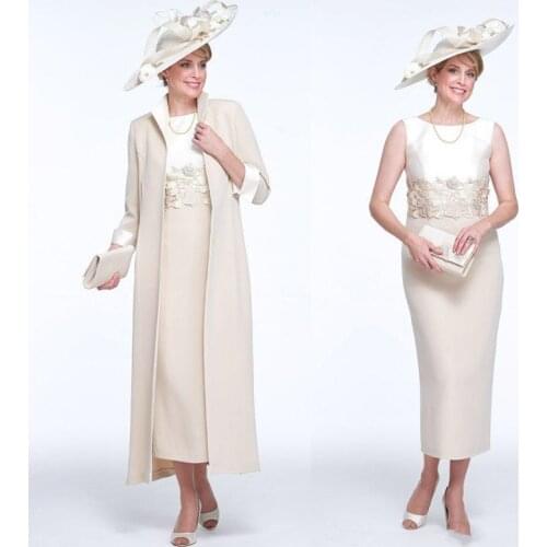 2021 New Elegant Nude Mid Calf Mother of the Bride Dresses Two Pieces Jewel Neck Appliqued Wedding Party Dresses with Jacket