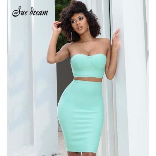 2021 New Arrivals Celebrity Dress Set 2-pieces Bustiers Neckline Plus Knee Length Skirts Custom Knitted Elastic Club Sexy Women