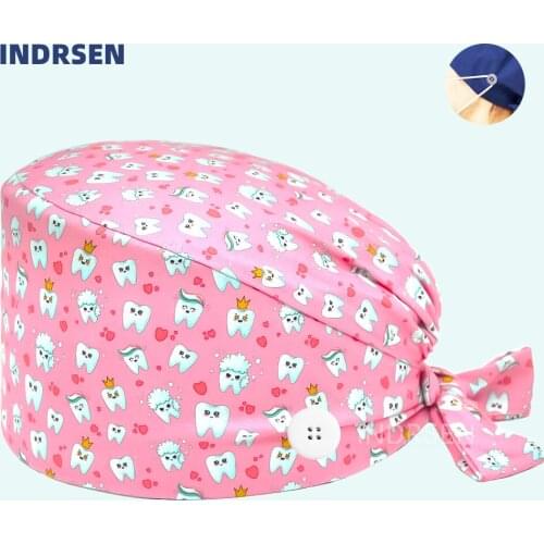 Dental Scrub Cap with Buttons Dental Clinic Absorb sweat Women Men Tooth Patterns Surgicals Caps