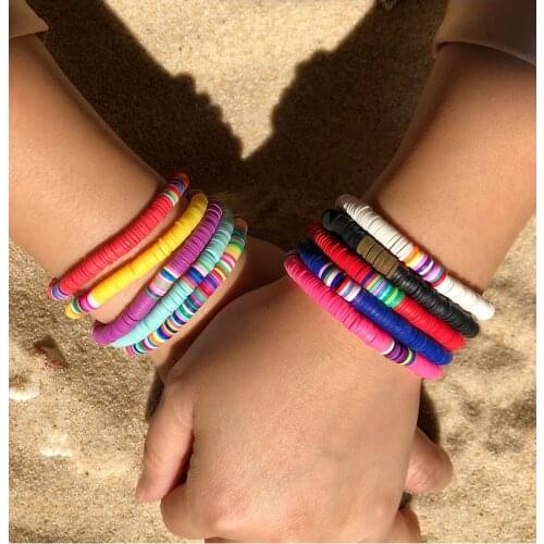 Boho Recyclable Polymer Clay Disc Beads Waxed String Bracelets Women Femme Boho Mixed Color Popular Wristband Jewelry wholesale