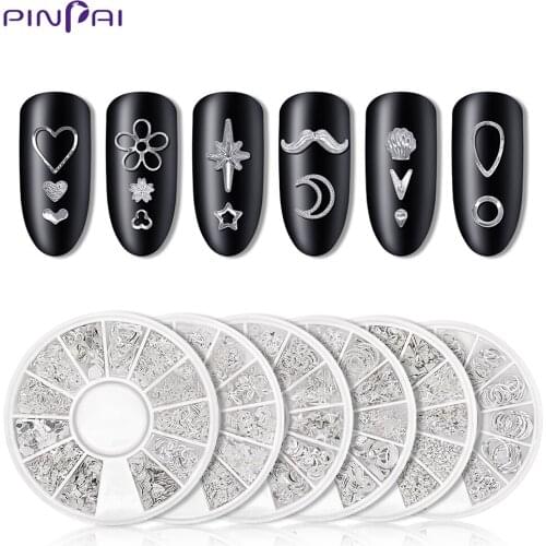 6 Style 3D Hollow Nail Art Decoration Rivet Silver Metal Nail Studs Star Moon Heart Mixed Tips DIY Manicure Nail Art Accessories