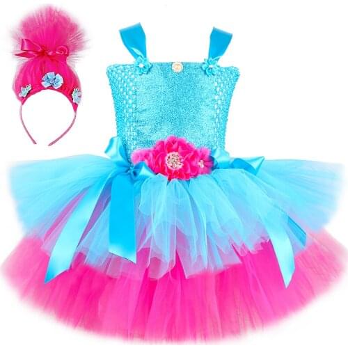 Trolls Poppy Costume for Kids Birthday Party Fancy Princess Tutu Dress Flowers Tulle Girls Halloween Dress Up Children Clothing